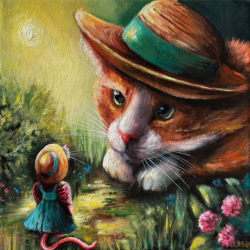 Original canvas painting Orange Cat and mouse, Cat wall art, Animal painting - 壁貼/牆壁裝飾 - 棉．麻 多色