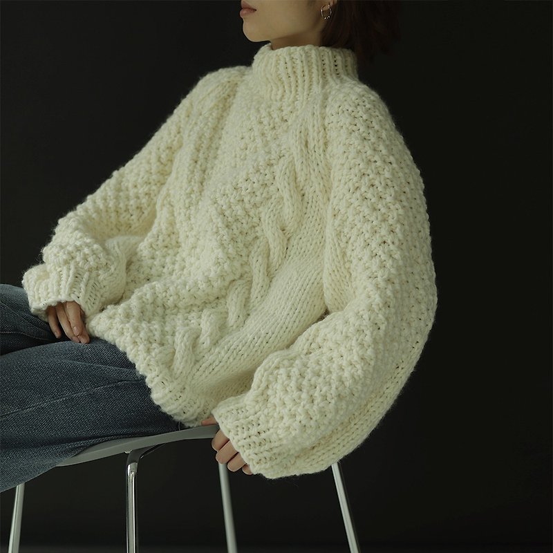 奶油白 冰島羊駝絨 手工編織套頭長袖毛衣 - 女毛衣/針織衫 - 羊毛 