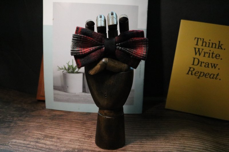 呢子大红格子领结双层领结蝴蝶结学院风高质感 - 領帶/領帶夾 - 羊毛 紅色