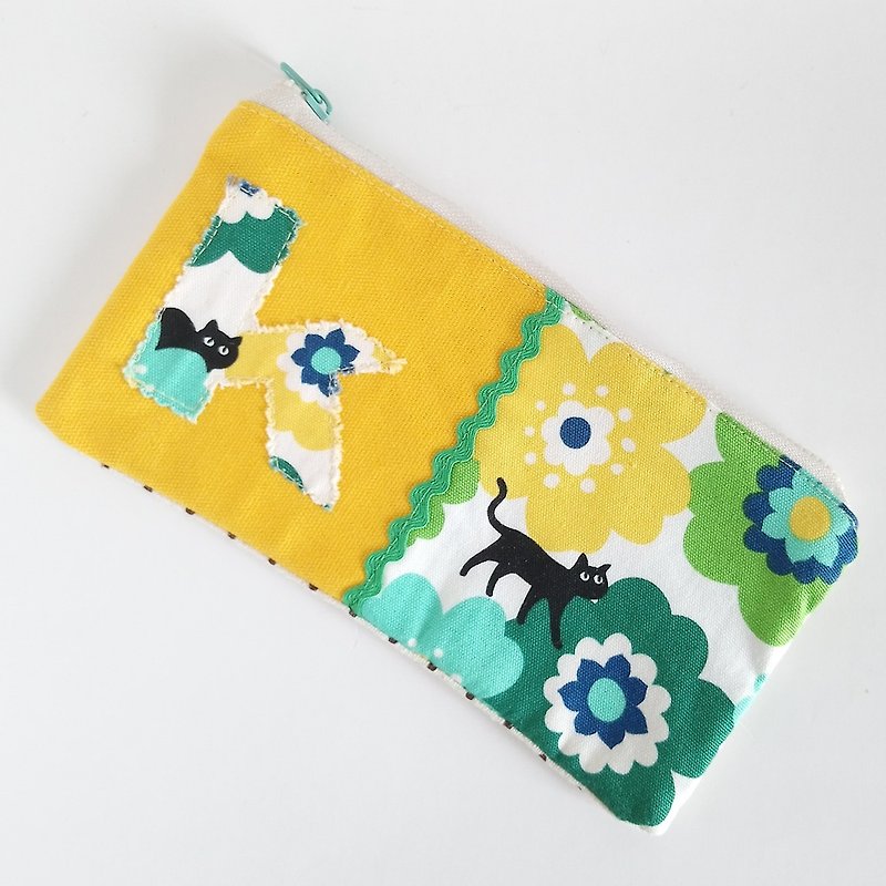 【In Stock】Alphabet Applique Pouch  Mask Pouch (k, Yellow x Black cats) - Toiletry Bags & Pouches - Cotton & Hemp Yellow