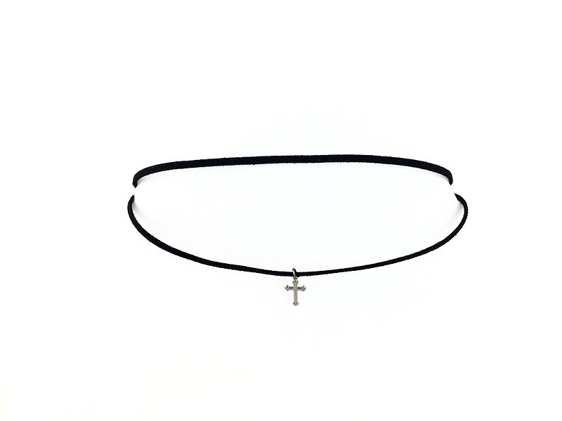 Double Suede Thin Necklace-Cross Style - สร้อยคอ - หนังแท้ สีดำ