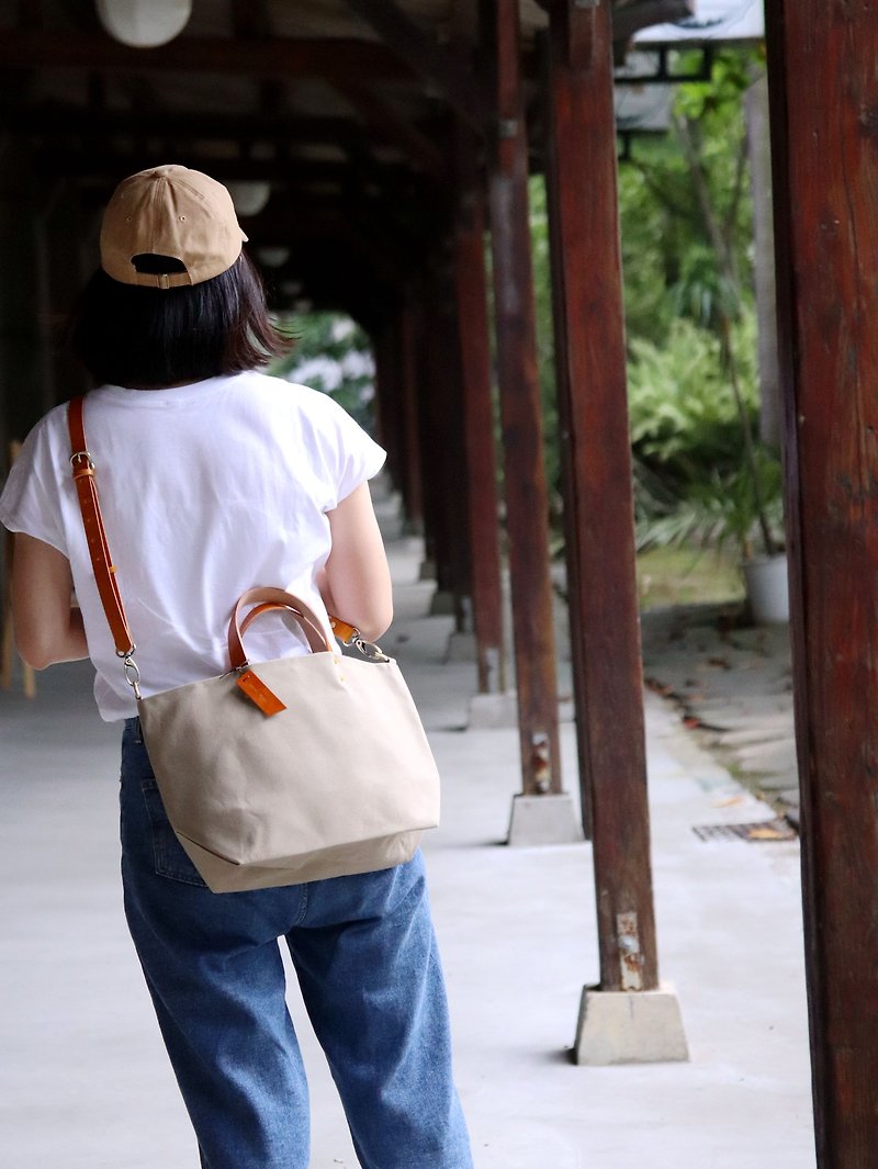 Leather Handle Bag (large)-Japan Canvas/Tote bag/handbag - Handbags & Totes - Cotton & Hemp Khaki