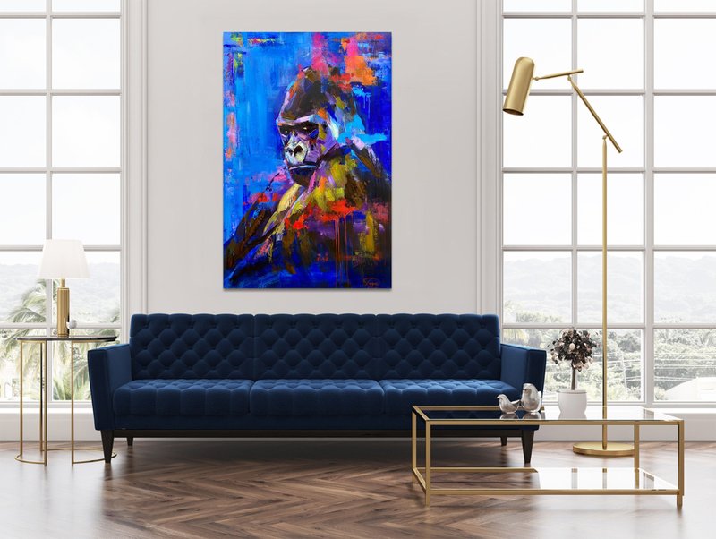 Vivid Gorilla Portrait Art Abstract Animal Painting Blue Modern Wall Decor - 壁貼/牆壁裝飾 - 壓克力 藍色