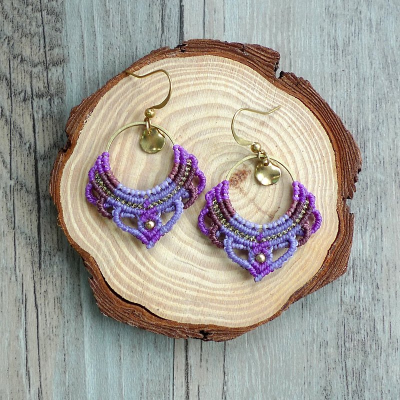 Misssheep - A65 -macrame earrings with brass beads - Earrings & Clip-ons - Other Materials Purple