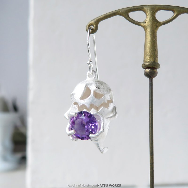 おばけのピアス / Gem and Ghost Earring 2025ハロウィン Amethyst - 耳環/耳夾/耳骨夾 - 寶石 紫色
