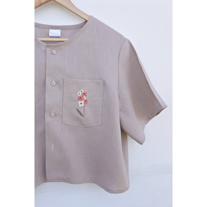 Embroidery | Linen | เสื้อคอกลม สีชมพูหม่น - เสื้อผู้หญิง - ผ้าฝ้าย/ผ้าลินิน สึชมพู