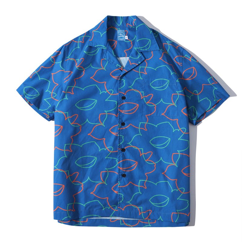 GOC Studio 彩色線條水仙花圖案 百搭中性襯衫裇衫-淺藍色 - 女襯衫 - 棉．麻 藍色