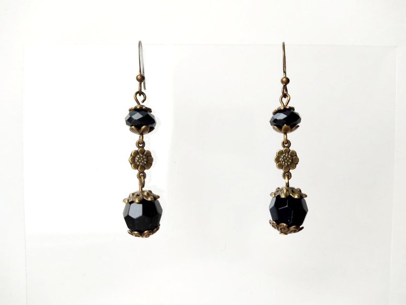 Earrings black agate long antique bronze - Earrings & Clip-ons - Gemstone Black