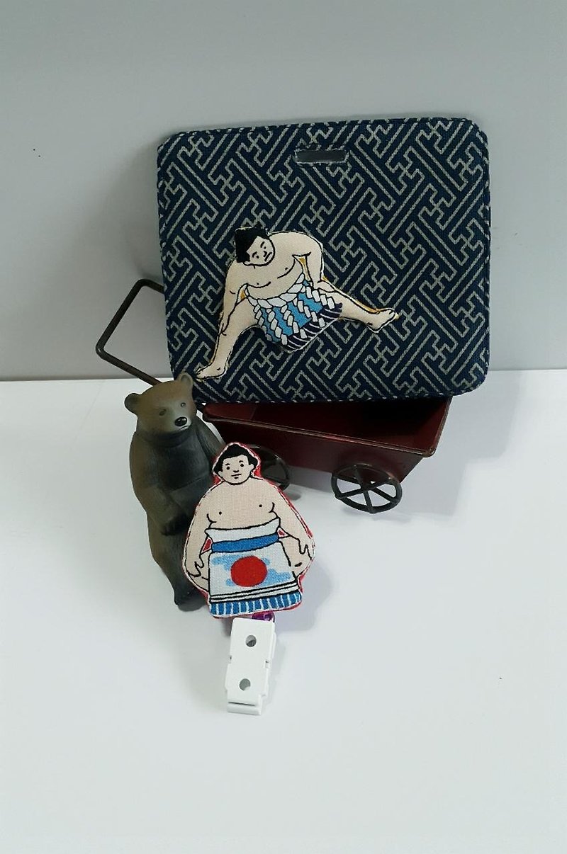 mini bear hand-made sumo wrestler card set + telescopic pull ring (steel wire) exclusive - ที่ใส่บัตรคล้องคอ - ผ้าฝ้าย/ผ้าลินิน 