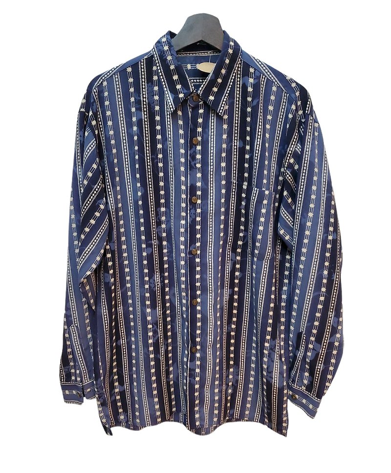 Politely dressed Japanese vintage chiffon blue ethnic style striped long lining L size nearly new - Men's Shirts - Cotton & Hemp Blue