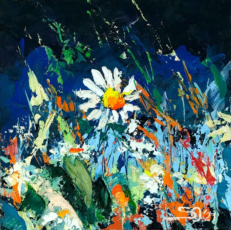 Daisy Painting Flower Original Art Oil Artwork Floral Wall Art Meadow Home Decor - 海報/掛畫/掛布 - 其他材質 多色