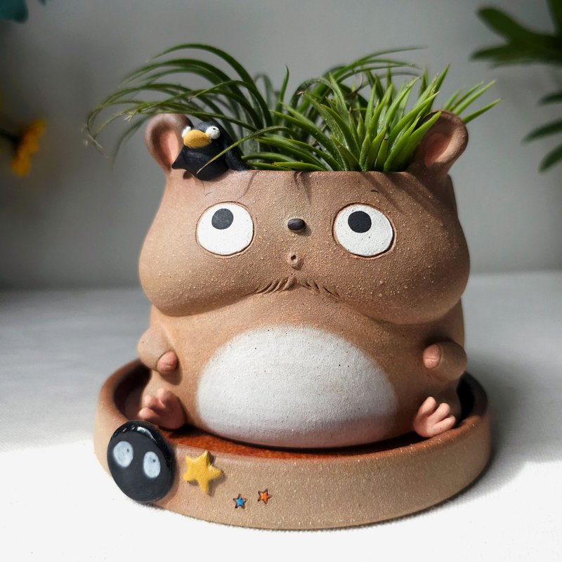 Planter with saucer, Boh chubby mouse. Handmade plant pot. - 花瓶/花器 - 陶 