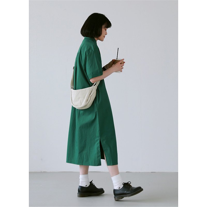 綠色 3色 極簡懶人襯衫式洋裝 挺闊精梳棉製 舒適透氣寬鬆版型 - T 恤 - 棉．麻 綠色