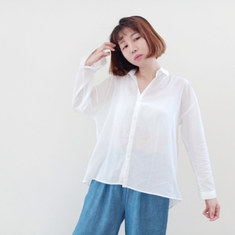 I tell you that the front is short and the back is long, dropped shoulder shirt | Organic cotton Tencel | Sunscreen boyfriend loose style - Women's Shirts - Cotton & Hemp White