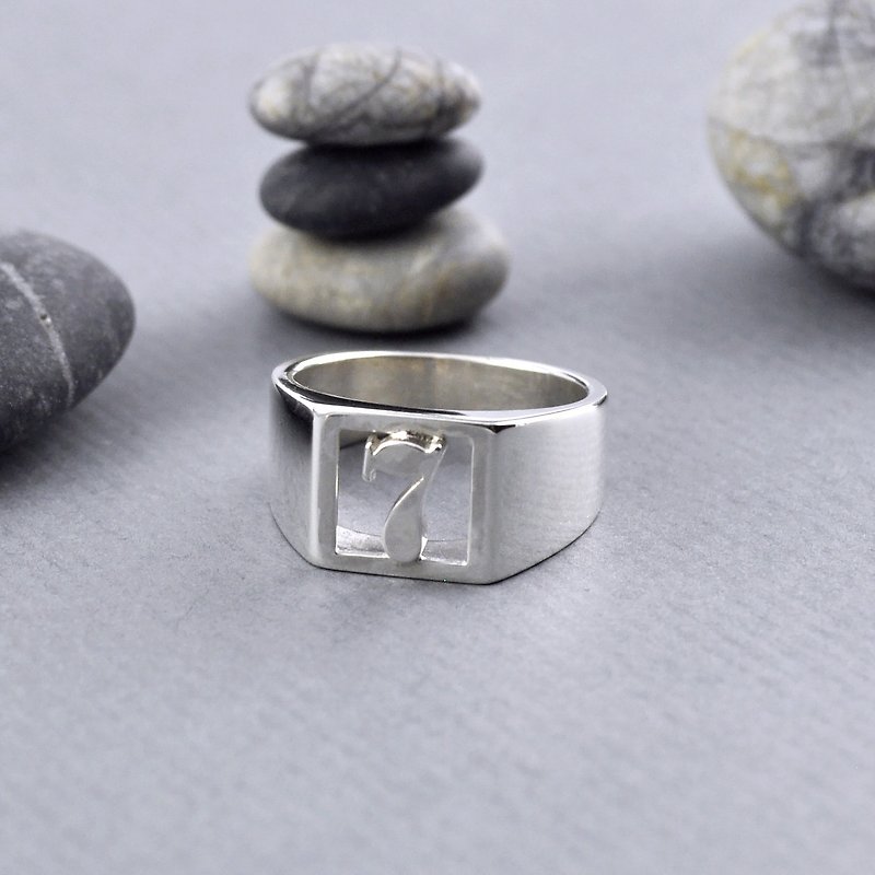 Sterling Silver Lucky Number Signet Ring - General Rings - Sterling Silver Silver