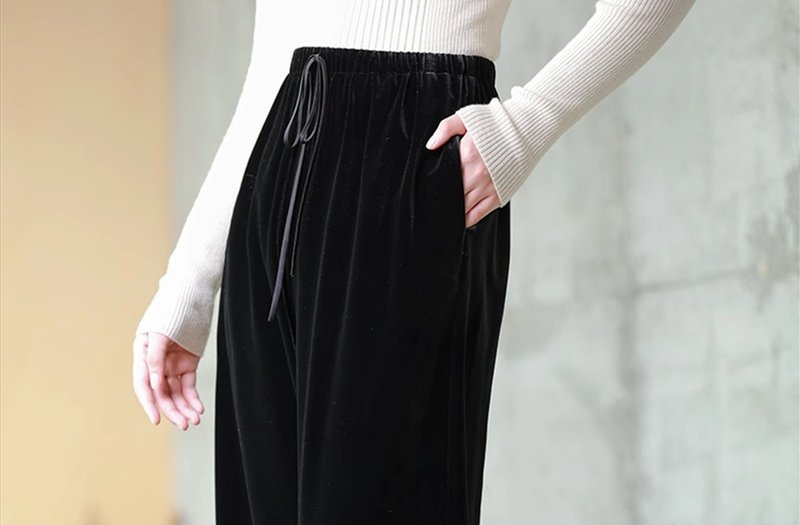 New Chinese style velvet elastic drape straight pants - Women's Pants - Other Materials Black