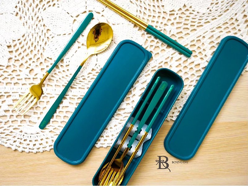 Simple Stainless Steel tableware set green gold/customized thunder engraved words - Chopsticks - Stainless Steel Green