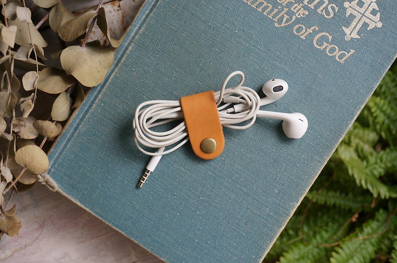 Yellow Brown  - Short Style Collector for Earphone - Cable Organizers - Genuine Leather Yellow