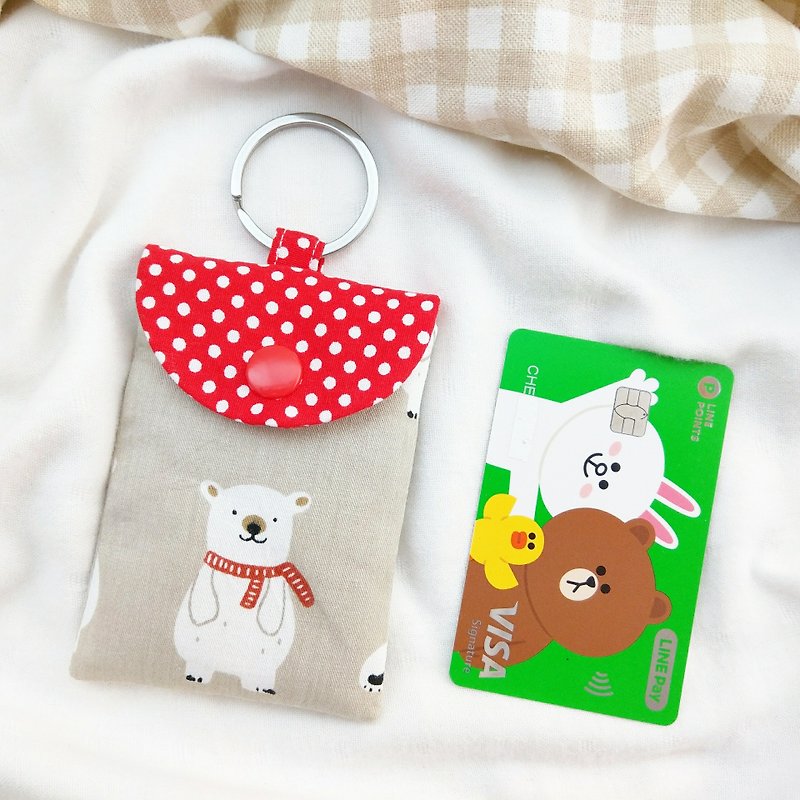 Fashionable Polar Bear-2 models are available. Ticket card bag. Large safety charm bag (name can be embroidered) - ที่ใส่บัตรคล้องคอ - ผ้าฝ้าย/ผ้าลินิน สีแดง