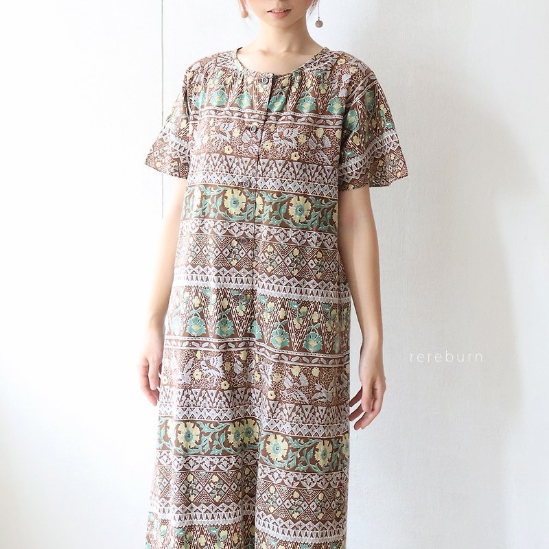 日本製昭和風復古民族風圖騰咖啡色薄棉短袖古著洋裝 - 連身裙 - 棉．麻 咖啡色