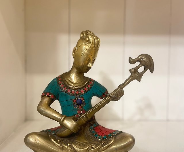 Indian Handmade Fine Inlaid Craft Brass Statue - Indian Traditional Musical  Instruments Playing
