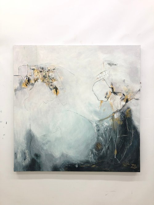 キャンバス上の大きなオリジナルの抽象的な青と金の絵画現代油絵