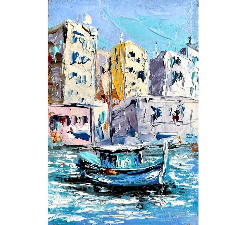 Seaport Painting Boat Original Art Seascape 15x10 cm/ 6x4 inch - Posters - Other Materials Multicolor