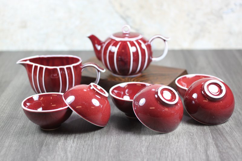 【送禮好物】石榴 銅紅釉 曲紋壺茶具組 名家葉敏祥作品 - 茶壺/茶杯/茶具 - 瓷 