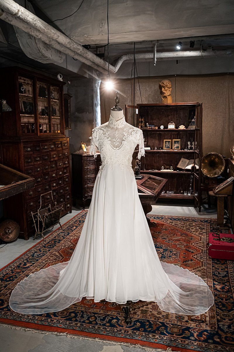 60s vintage long sleeve wedding gown - ชุดราตรี - ผ้าฝ้าย/ผ้าลินิน ขาว