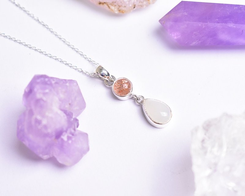 Moon & Sun Silver Necklace Moonstone and Sunstone Silver Necklace Silver 925 - 項鍊 - 寶石 白色
