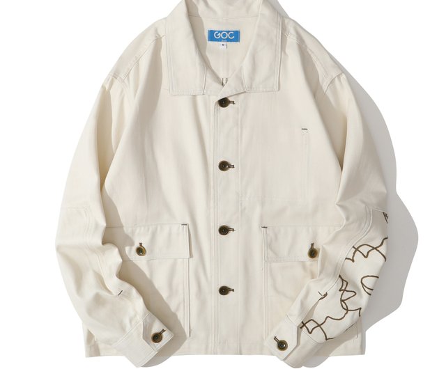 GOC Studio ホワイト デニム ジャケット 肘に刺繍 - ショップ GOC