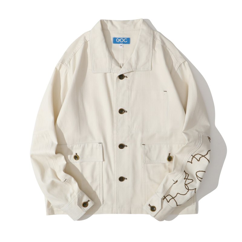 GOC Studio white denim jacket with embroidered elbows - เสื้อโค้ทผู้ชาย - ผ้าฝ้าย/ผ้าลินิน ขาว