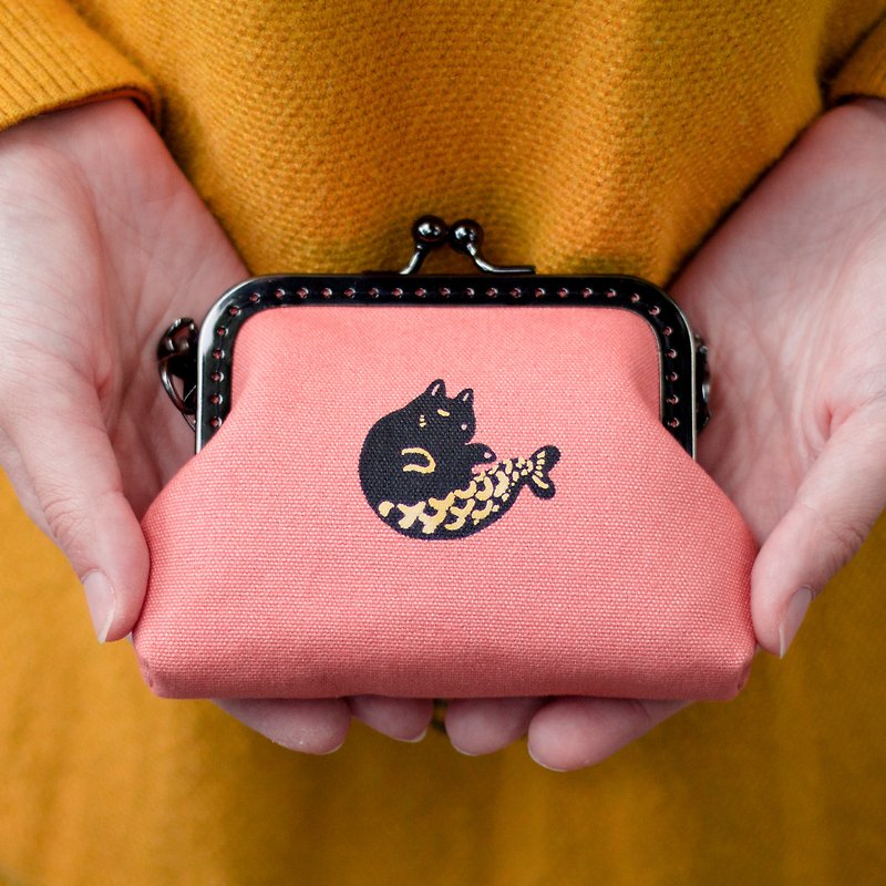 [Valentine's Day Gift Box] Little Black Cat Fish Mouth Gold Ticket Card Small Wallet_Hand-printed silk screen - กระเป๋าใส่เหรียญ - วัสดุอื่นๆ สีส้ม