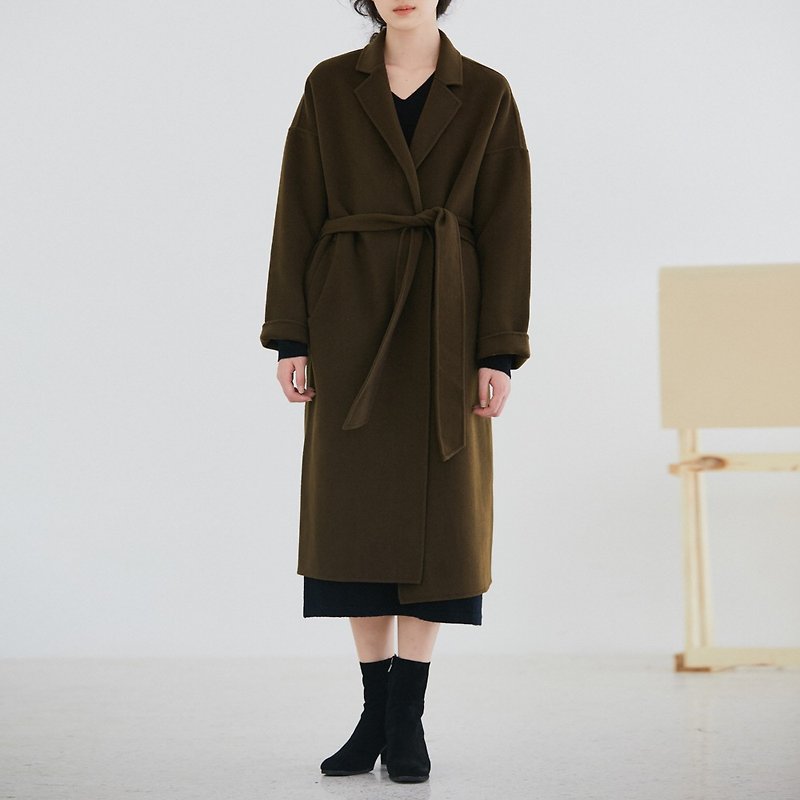 Olive green LESS IS MORE minimalist coat imported Australian wool handmade double-sided cashmere wool coat - Women's Casual & Functional Jackets - Wool Green