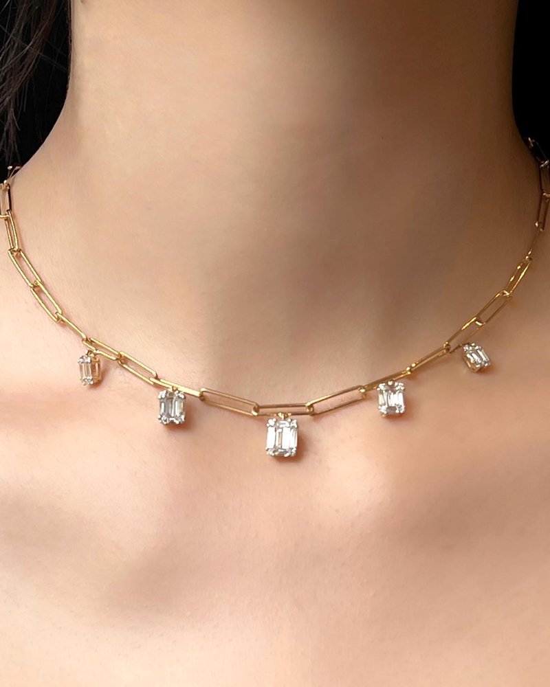 天然鑽石 頸鏈 鎖骨鏈 頸圈 • 18K金鎖鏈方鑽石choker - 手鍊/手環 - 石頭 白色