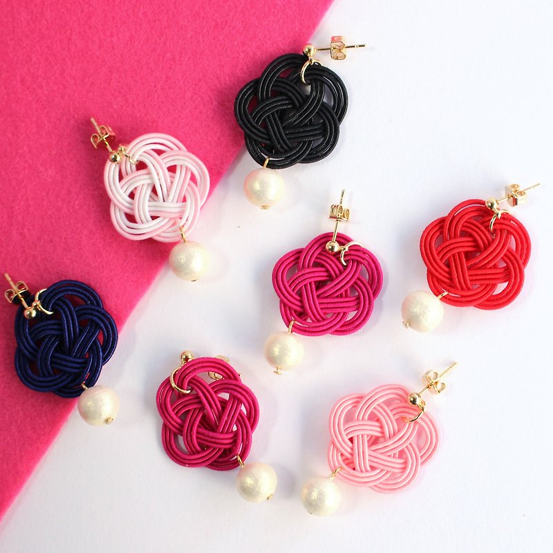 japanese style pierce earring / mizuhiki / japan / accessory / flower - ต่างหู - ผ้าไหม สีแดง