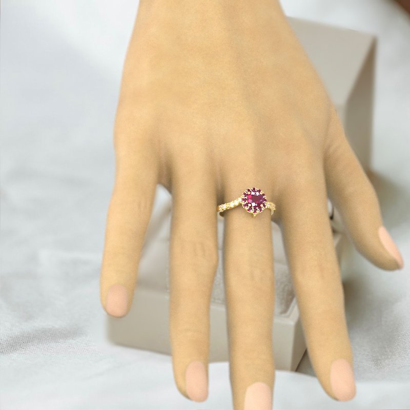 Round Ruby Ring in 925 Silver,18K Gold Plating, Natural ruby ring for her - General Rings - Sterling Silver Brown