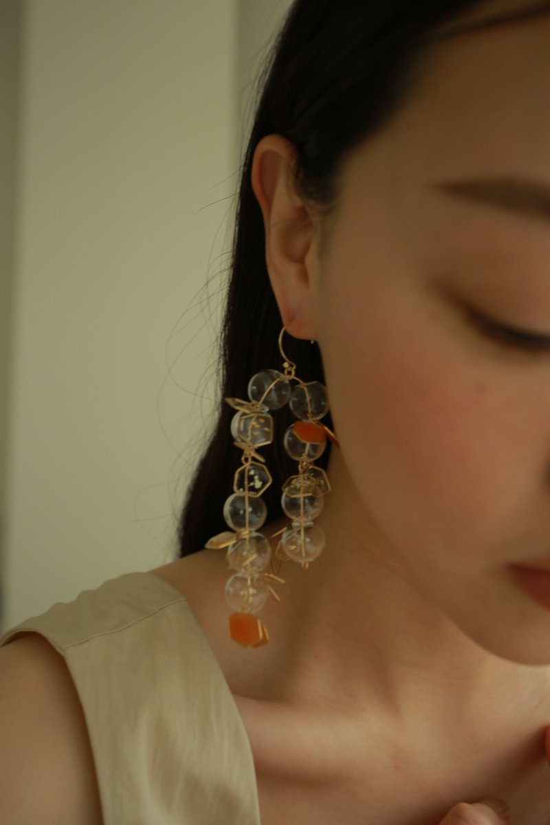 2021孩子的夢幻泡泡 耳環 / 耳夾可 樹脂 玻璃 婚禮飾品 - 耳環/耳夾/耳骨夾 - 樹脂 橘色
