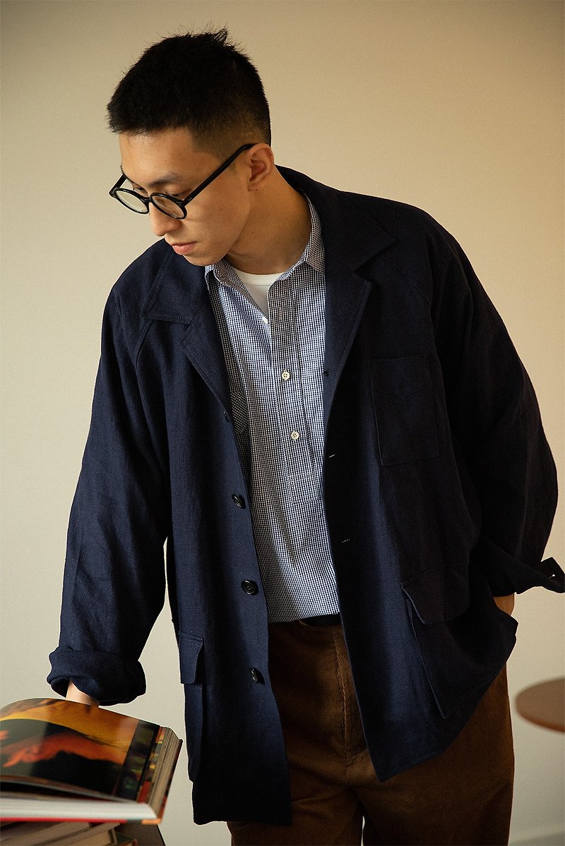 高品質重磅亞麻 西裝領插肩袖 實用休閒工作夾克 - 男 T 恤 - 棉．麻 