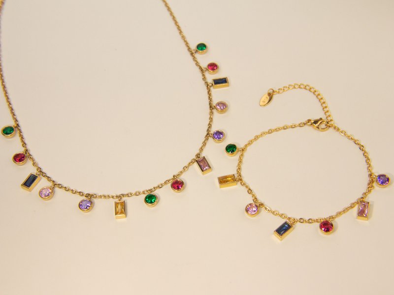 [Jewelry Set] Rainbow Gemstone Necklace & Bracelet Colorful Stone Necklace & Bracelet - Necklaces - Other Metals 