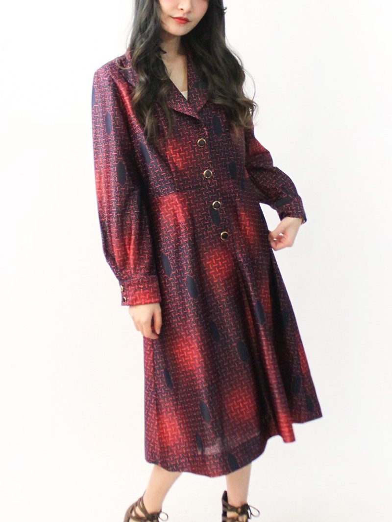 日本製復古70s紅色格紋長袖v領古著洋裝 Japanese Vintage Dress - 洋裝/連身裙 - 聚酯纖維 藍色