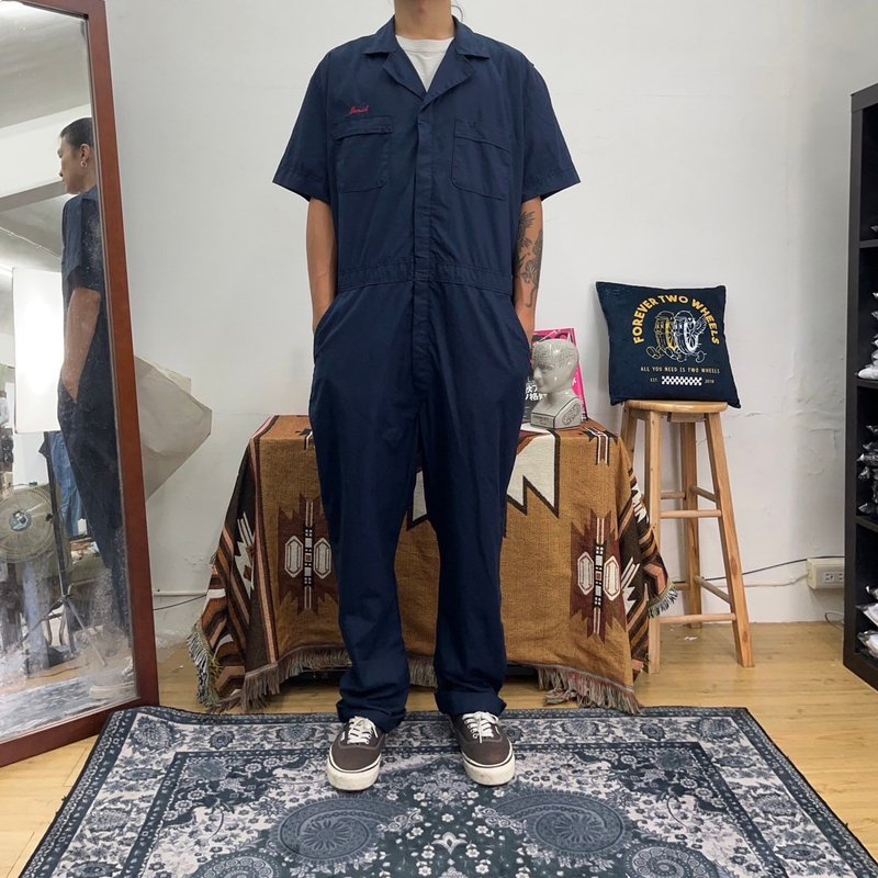 RED KAP 深藍 短袖 連身工作服 COVERALLS 刺繡 美國製 古著 二手 - 男長褲/休閒褲 - 棉．麻 藍色
