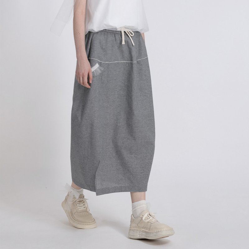 Summer houndstooth skirt linen cotton women's high waist versatile lightweight mid-length bud skirt - กระโปรง - ผ้าฝ้าย/ผ้าลินิน 