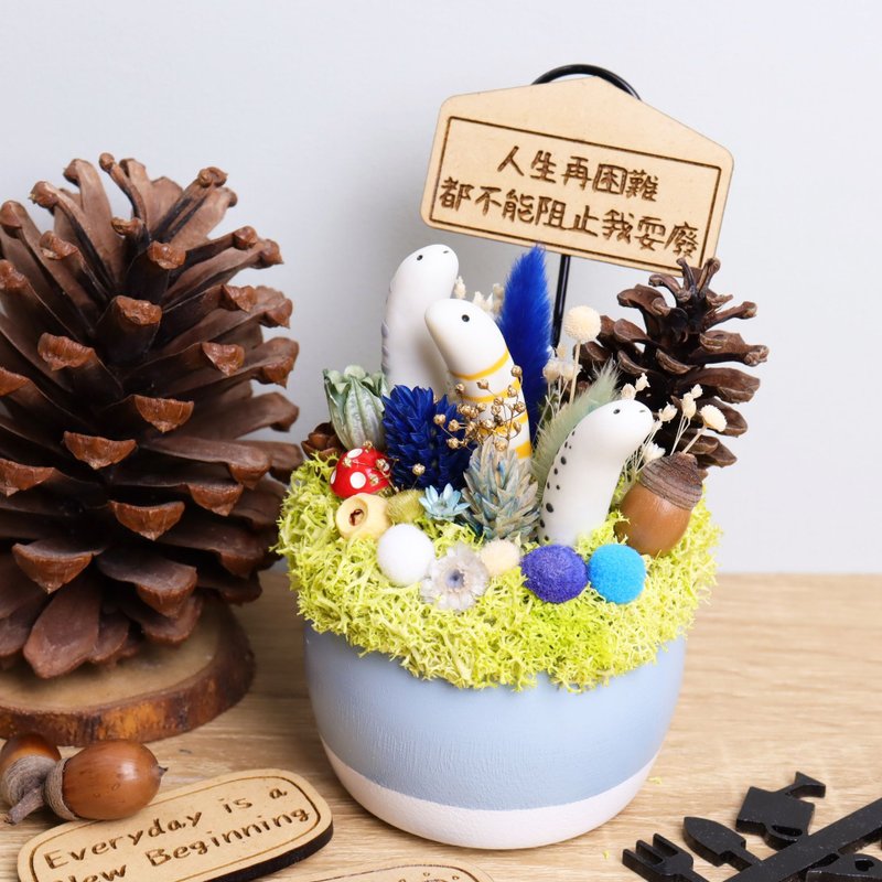 Snake’s cute best friend!! Little Garden Eel Dried Flower Business Card Holder Potted Plant Customized Name Plaque - Dried Flowers & Bouquets - Wood Blue