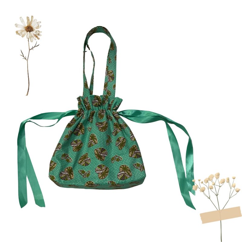 African print drawstring bag, shoulder bag, Ribbon drawstring bag Tote bag Gifts - 束口袋/束口背包/水桶包 - 棉．麻 綠色