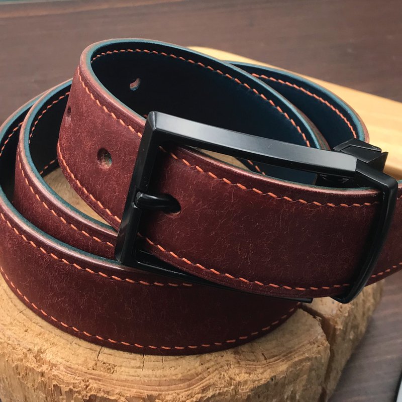 【Reversible Belt】Dark Red Pueblo | Double Sided | Handmade Leather in Hong Kong - เข็มขัด - หนังแท้ สีแดง