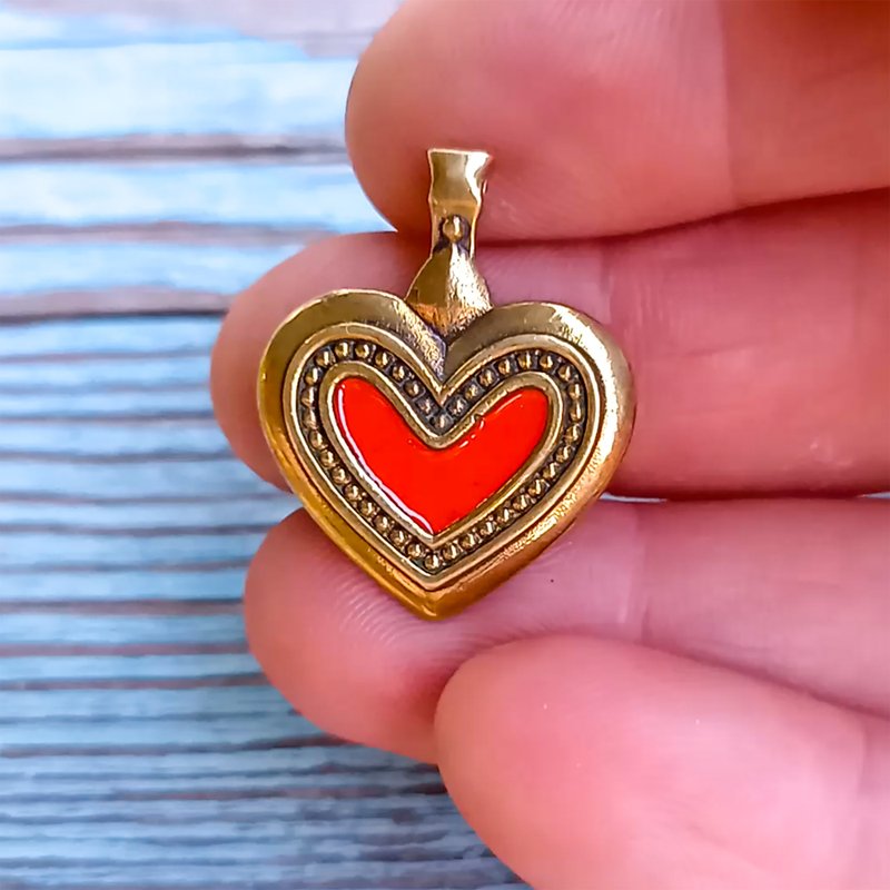 Red enameled brass heart necklace pendant,valentines day gift for loved one,Vint - 項鍊 - 銅/黃銅 紅色