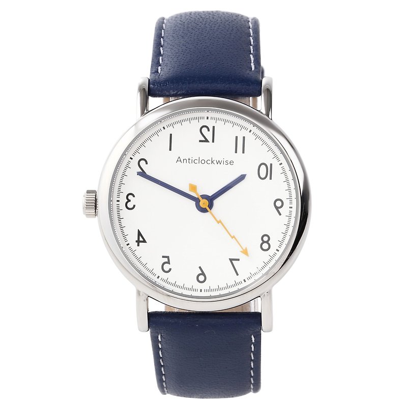 逆回転腕時計 アンチクロックワイズ ユニセックス ホワイト文字盤/アラビア数字/ブルー本革ベルト AL-WH - 腕時計 - 金属 ホワイト