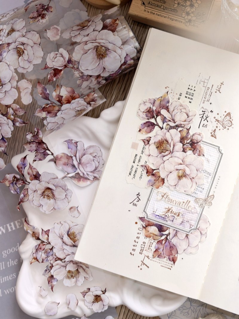 White tea retro gentle white camellia large flower PET washi tape hand account collage - มาสกิ้งเทป - กระดาษ สีส้ม