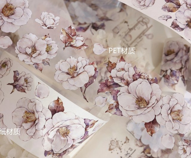 白茶 レトロ 優しい白椿 大輪の花 PET和紙テープ ハンド